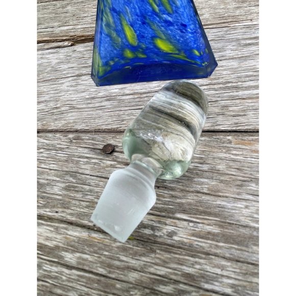 Vintage 1960s MCM Art Glass Petite Decanter Blue Yellow Swirl - Picture 7 of 16